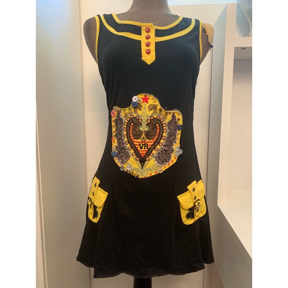 VR Mini Dress Womens XS Black Yellow Good Heart Patch Embroidery Y2K Eclectic